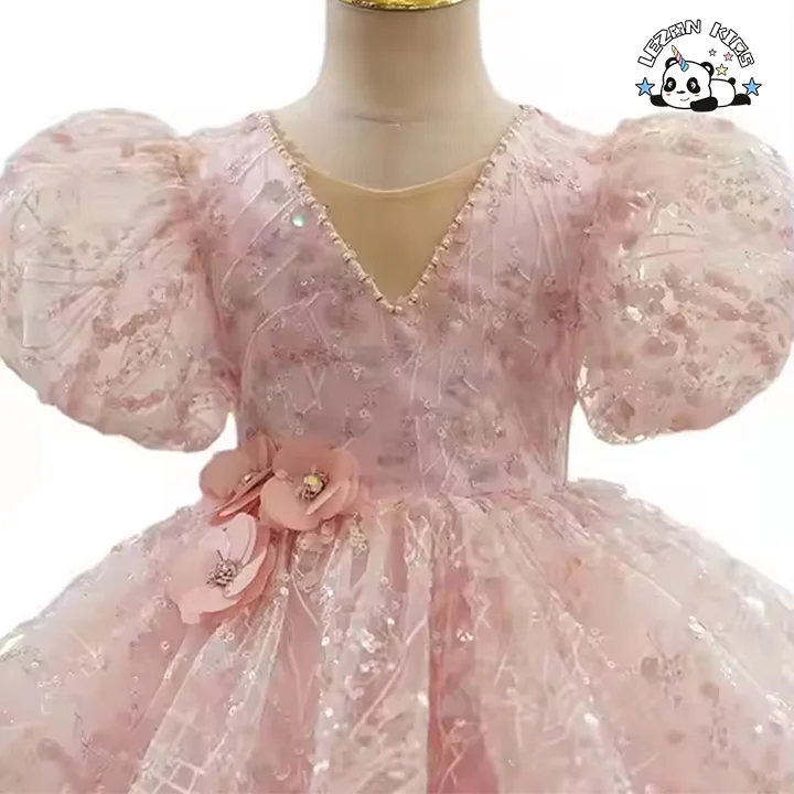 LEZONKIDS - Customizable Pink Princess Pattern Girl Dress Puff Sleeves Tulle Bow Ruffle Decorations Girl Dress
